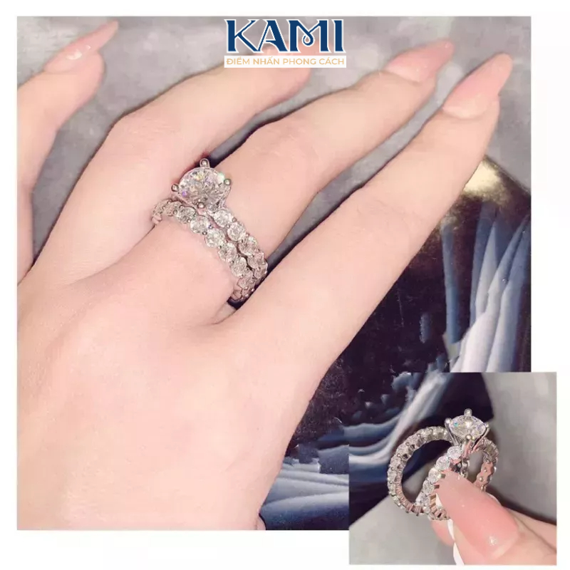 Nhẫn 2 chiếc full xoàn gắn đá 4ly nhân tạo siêu sáng xi bạch kim Kami