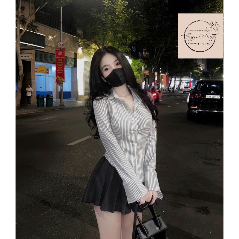 Set sơmi kẻ kèm chân váy xếp ly cực hot