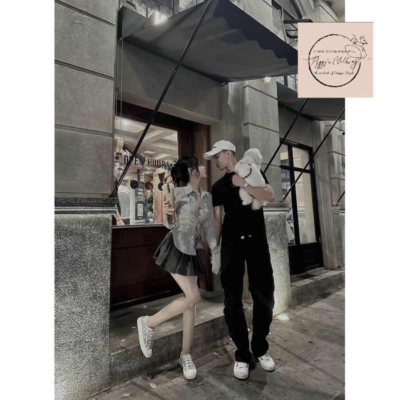 Set sơmi kẻ kèm chân váy xếp ly cực hot