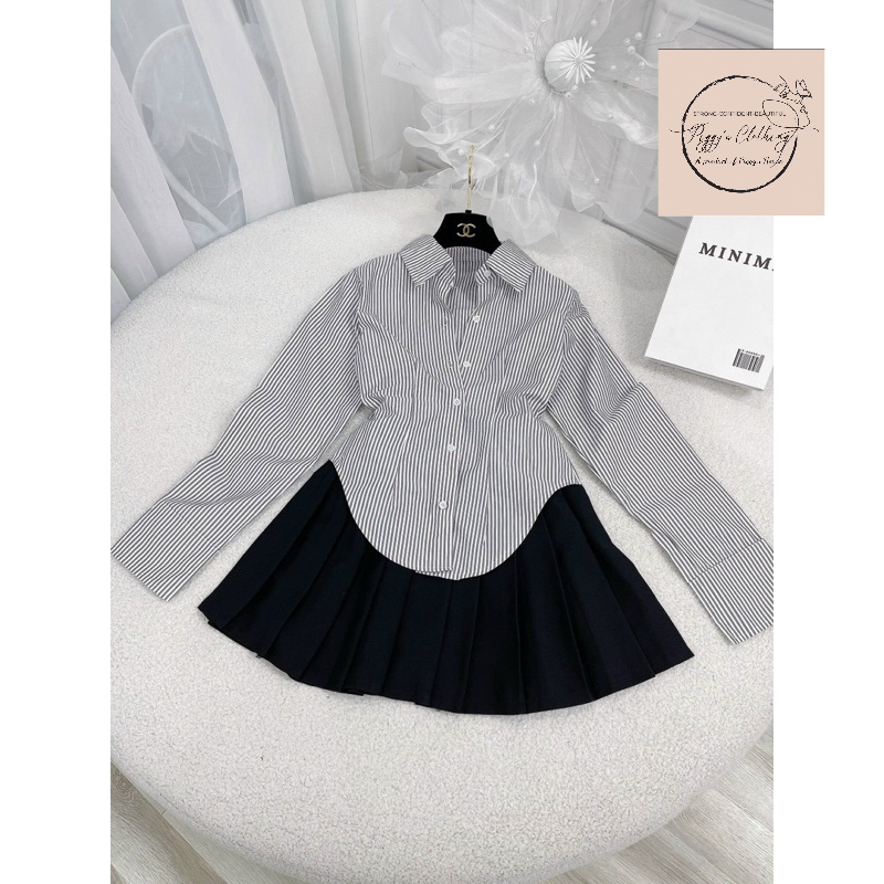 Set sơmi kẻ kèm chân váy xếp ly cực hot