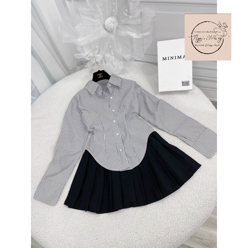 Set sơmi kẻ kèm chân váy xếp ly cực hot