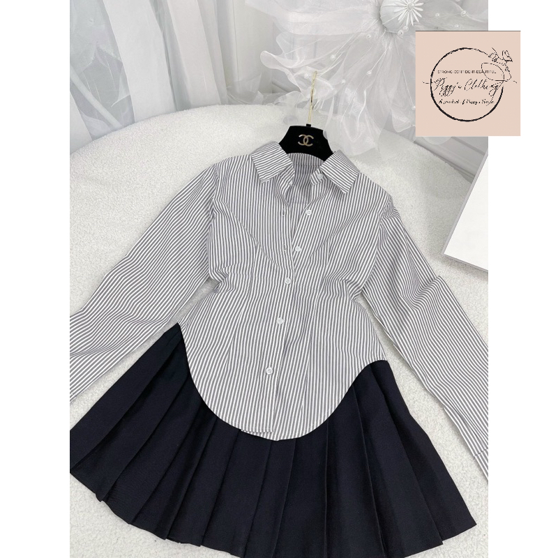 Set sơmi kẻ kèm chân váy xếp ly cực hot