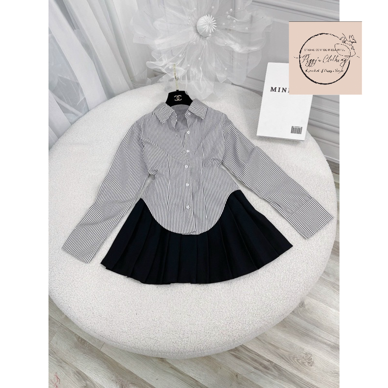 Set sơmi kẻ kèm chân váy xếp ly cực hot