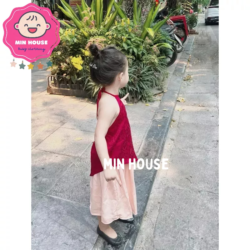 (10-23kg) Set áo yếm gấm hoa phối chân váy lụa KÈM KHĂN cho bé diện trung thu (Trải sàn là ảnh thật)