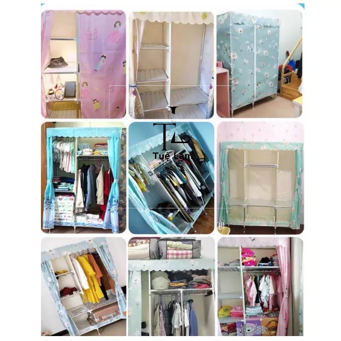 Tủ quần áo tủ vải khung inox chống gỉ, tủ đựng quần vải tủ vải khung thép áo 2 buồng 4 ngăn họa tiết 3D nổi nhập khẩu