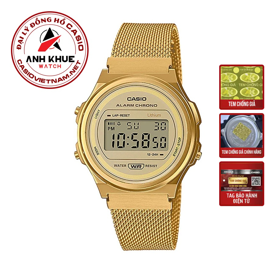 Đồng Hồ Nữ Casio A171WEMG-9A Dây Kim Loại Lưới Mạ Vàng