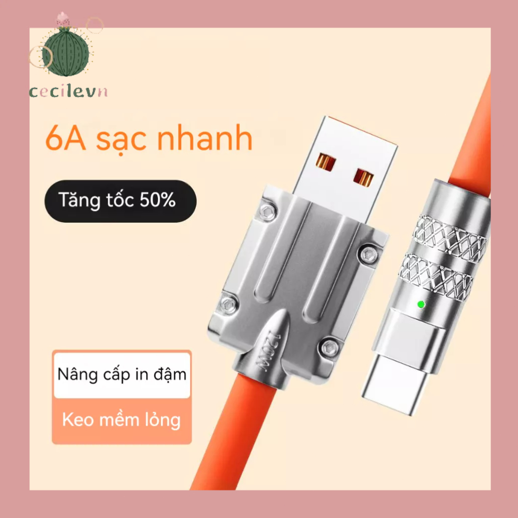 Dây Cáp Sạc Nhanh 120W 6A Bằng Hợp Kim Kẽm Và Silicon Cho Type C-CE