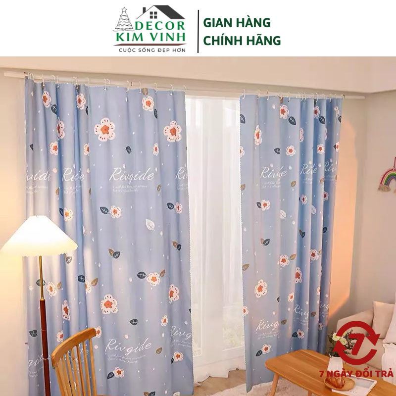 Rèm Dán Khoen Lỗ, Khoen Ri Đô, Rèm Dán HOA NỀN XANH Decor Kim Vinh DCKV002