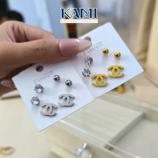 Set 3 đôi bông tai titan Kami phong cách không đen không gỉ