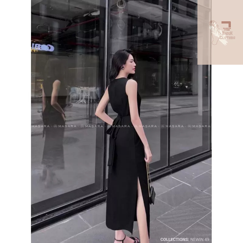 Váy maxi sát nách xoắn eo xẻ tà chất đũi phong cách Hàn Quốc trẻ trung sang chảnh