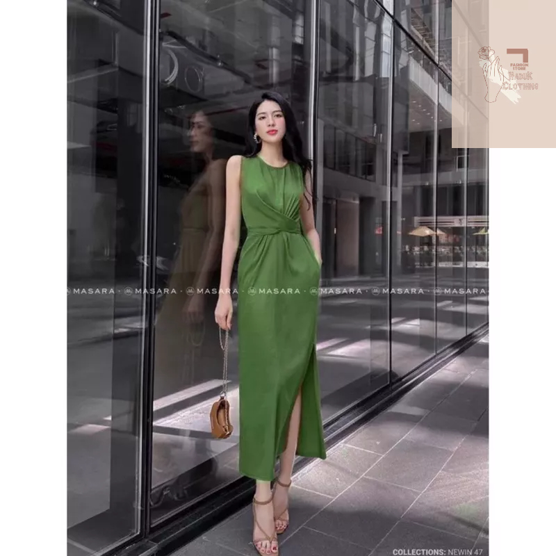 Váy maxi sát nách xoắn eo xẻ tà chất đũi phong cách Hàn Quốc trẻ trung sang chảnh