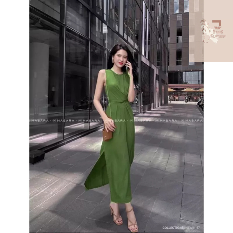 Váy maxi sát nách xoắn eo xẻ tà chất đũi phong cách Hàn Quốc trẻ trung sang chảnh