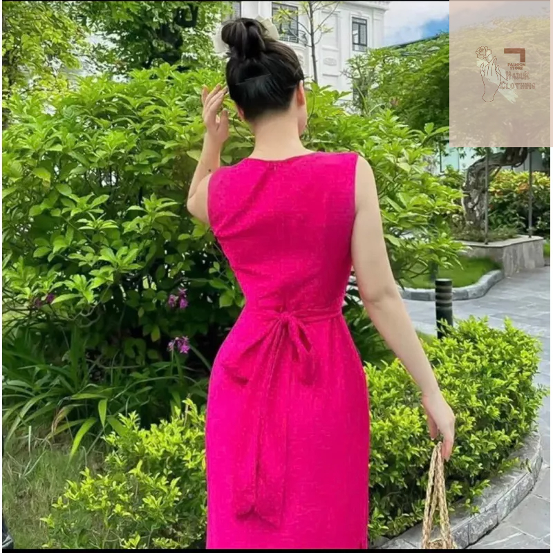 Váy maxi sát nách xoắn eo xẻ tà chất đũi phong cách Hàn Quốc trẻ trung sang chảnh