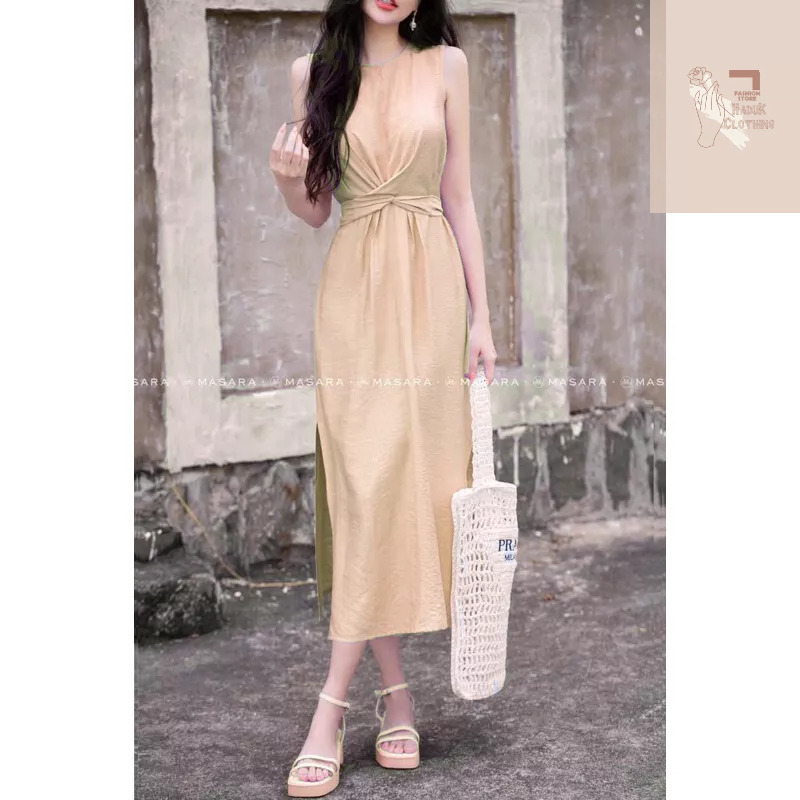 Váy maxi sát nách xoắn eo xẻ tà chất đũi phong cách Hàn Quốc trẻ trung sang chảnh