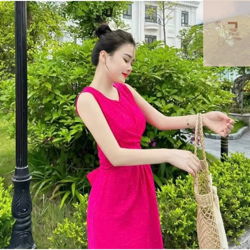 Váy maxi sát nách xoắn eo xẻ tà chất đũi phong cách Hàn Quốc trẻ trung sang chảnh