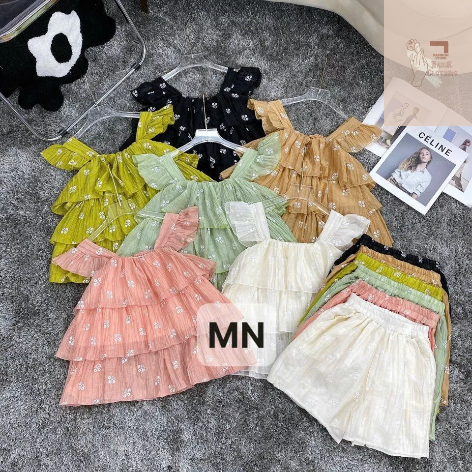 Set áo cánh tiên babydoll kèm quần dáng tầng thêu hoa nổi chất tơ đũi mềm
