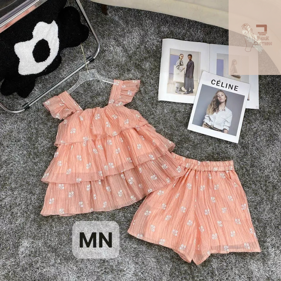Set áo cánh tiên babydoll kèm quần dáng tầng thêu hoa nổi chất tơ đũi mềm