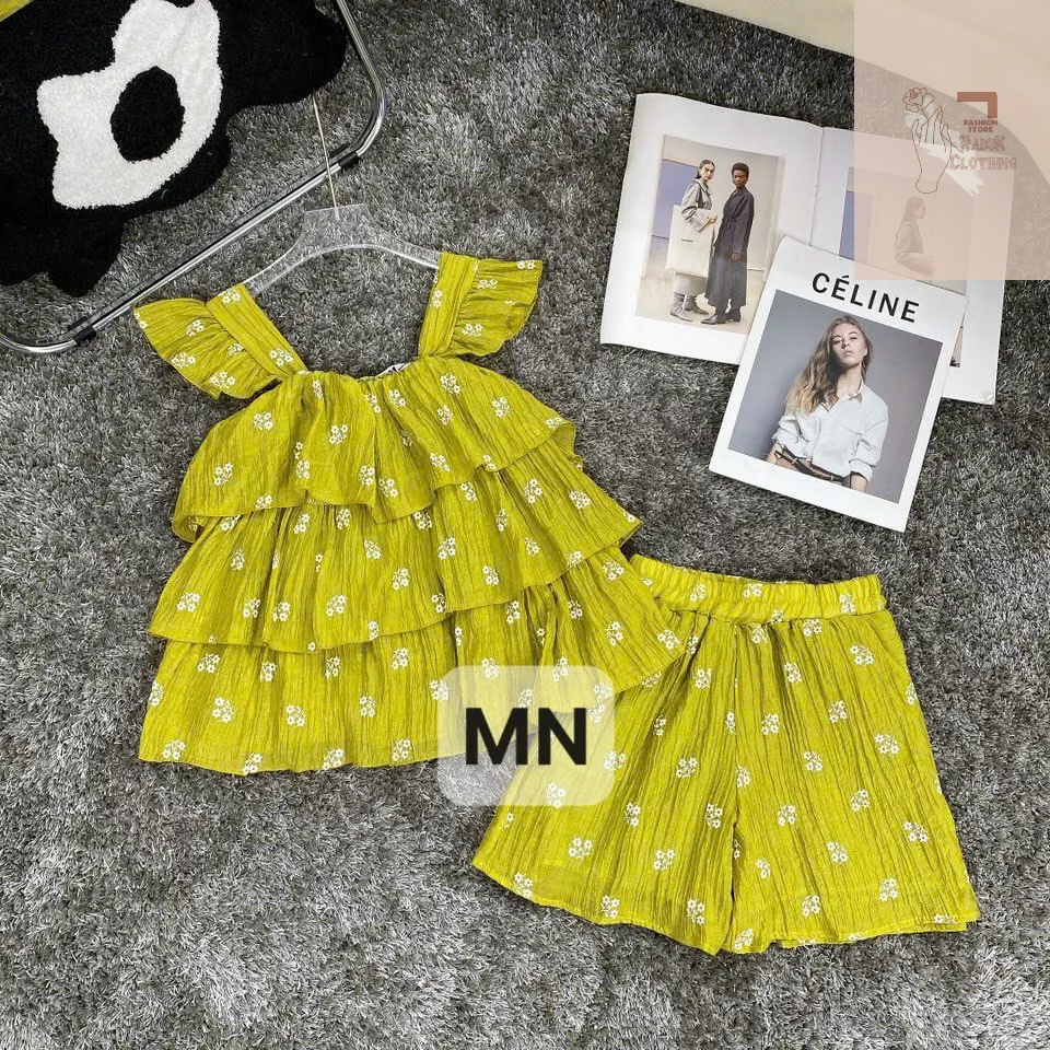 Set áo cánh tiên babydoll kèm quần dáng tầng thêu hoa nổi chất tơ đũi mềm