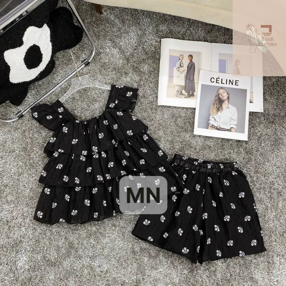 Set áo cánh tiên babydoll kèm quần dáng tầng thêu hoa nổi chất tơ đũi mềm