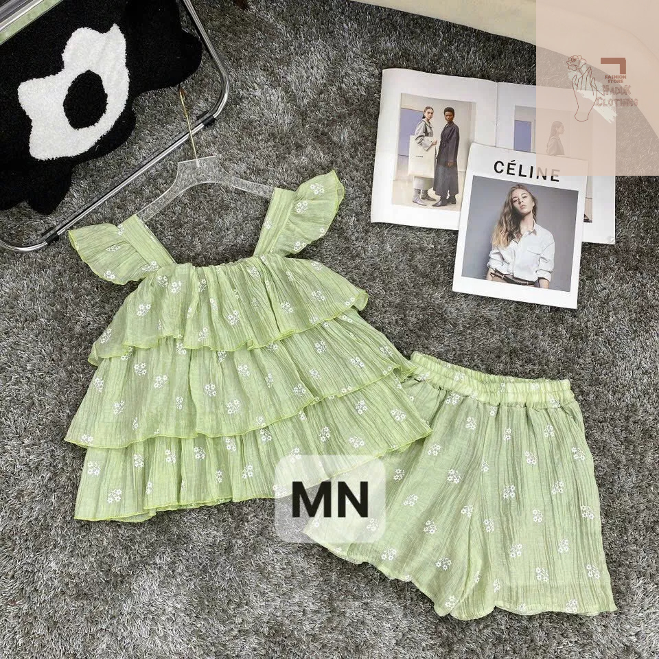 Set áo cánh tiên babydoll kèm quần dáng tầng thêu hoa nổi chất tơ đũi mềm