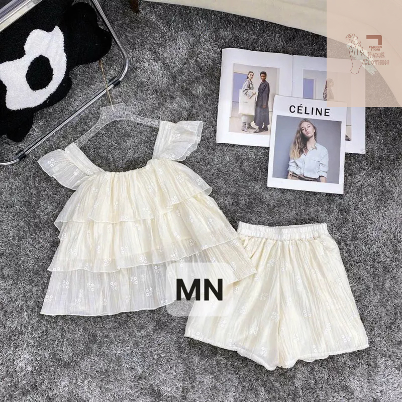 Set áo cánh tiên babydoll kèm quần dáng tầng thêu hoa nổi chất tơ đũi mềm
