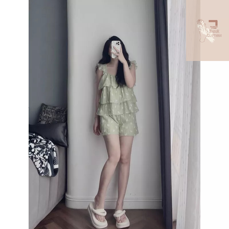 Set áo cánh tiên babydoll kèm quần dáng tầng thêu hoa nổi chất tơ đũi mềm