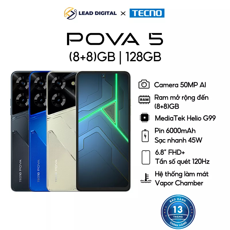 Điện thoại Tecno POVA 5 (8+8)/128GB - MediaTek G99 - Sạc nhanh 45W - 6.8'' FHD+ Tần số quét 120HZ