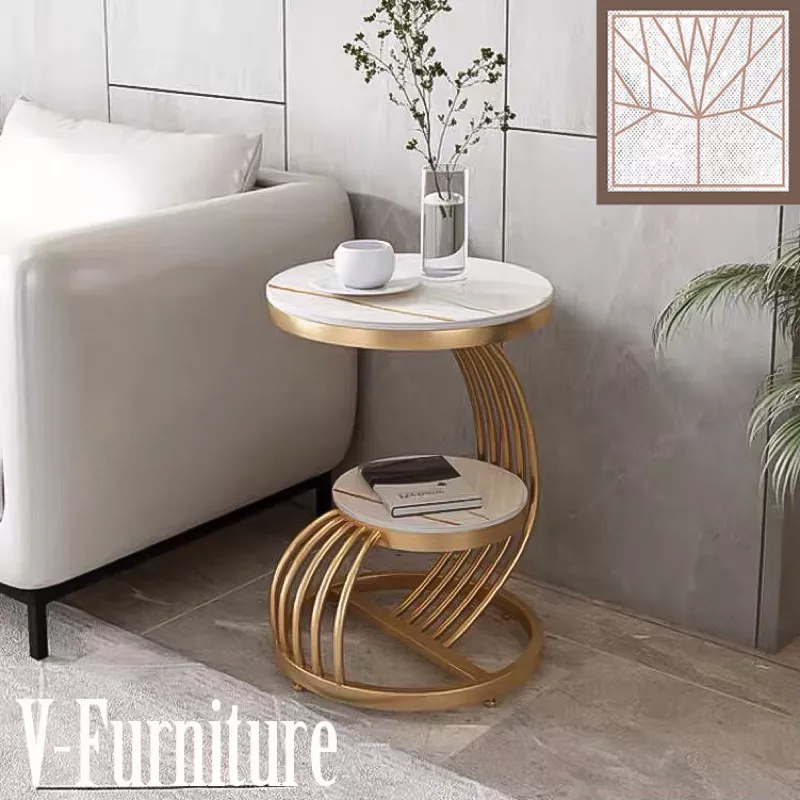 Kệ, bàn góc Sofa phòng khách 2 mặt đá tròn chân kim loại 5 nan BG-28 sang trọng, hiện đại