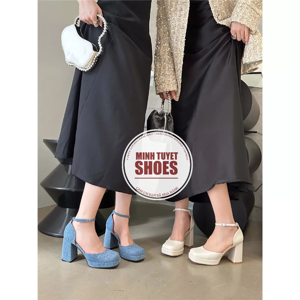 Giày cao gót nữ Barbie da lì đế vuông cao 9cm 2 màu jean xanh và trắng form chuẩn size minhtuyetshoes