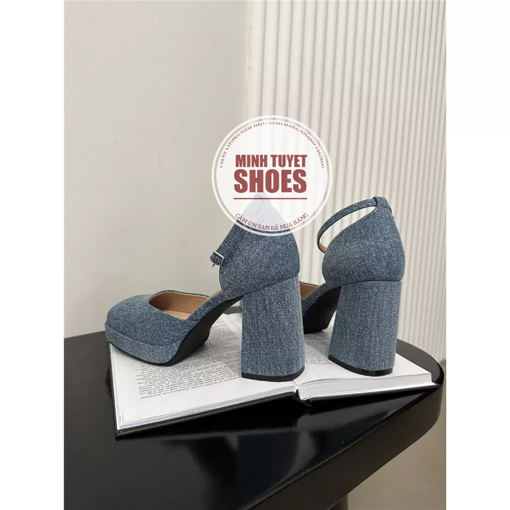 Giày cao gót nữ Barbie da lì đế vuông cao 9cm 2 màu jean xanh và trắng form chuẩn size minhtuyetshoes