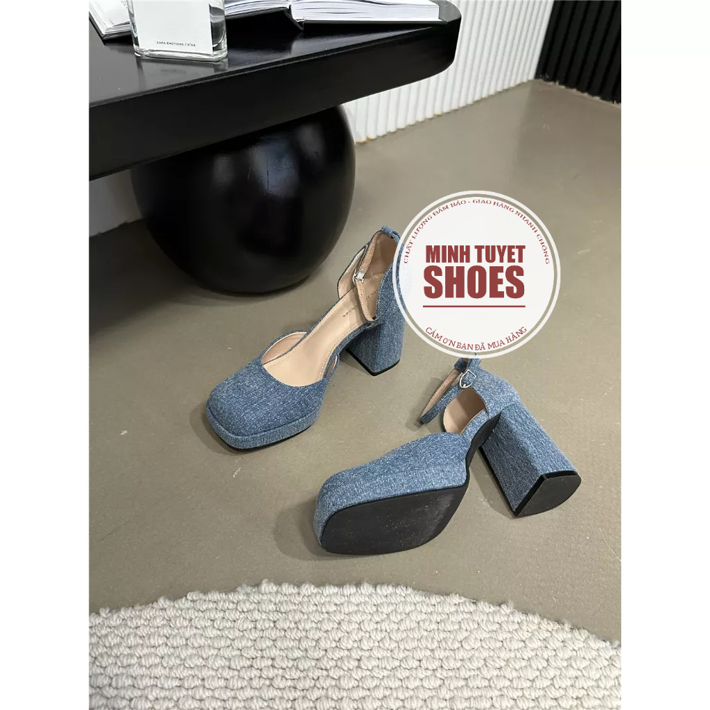 Giày cao gót nữ Barbie da lì đế vuông cao 9cm 2 màu jean xanh và trắng form chuẩn size minhtuyetshoes