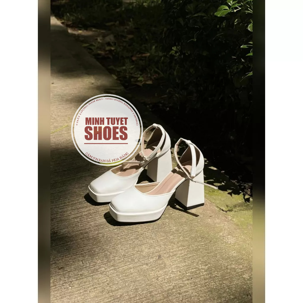 Giày cao gót nữ Barbie da lì đế vuông cao 9cm 2 màu jean xanh và trắng form chuẩn size minhtuyetshoes