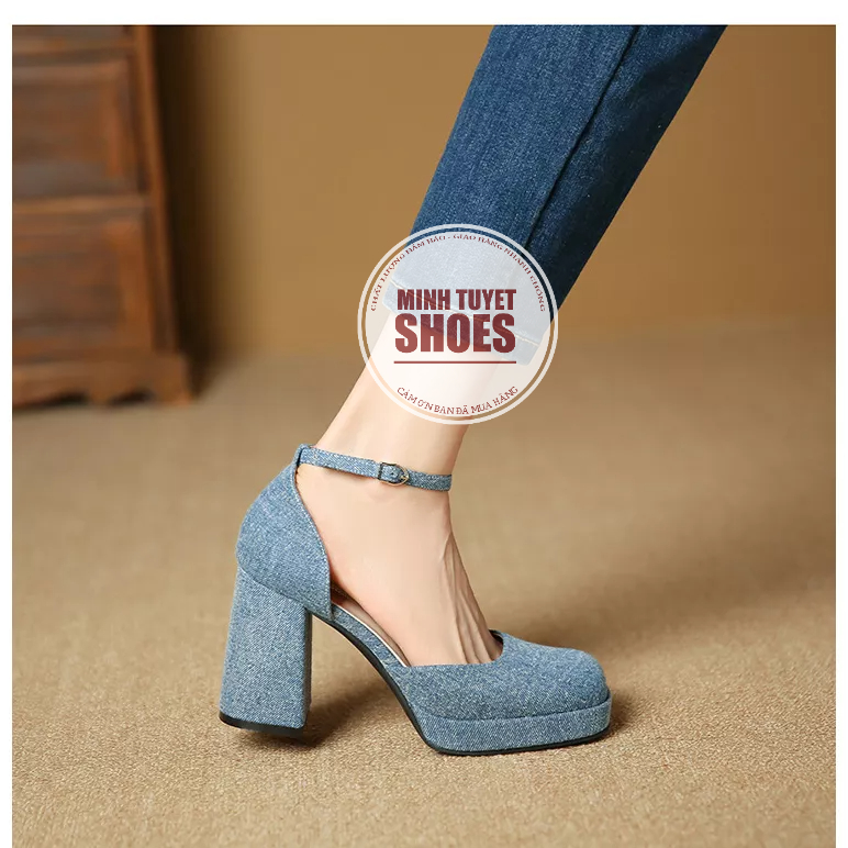 Giày cao gót nữ Barbie da lì đế vuông cao 9cm 2 màu jean xanh và trắng form chuẩn size minhtuyetshoes