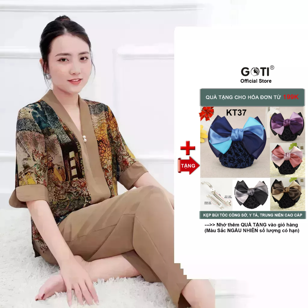 Đồ Bộ Trung Niên GOTI Mặc Nhà Nữ Sang Trọng Chất Gấm Cao Cấp Cổ Chui Tay Lững Có Túi Pijama Lụa Cho Mẹ 3359 3360