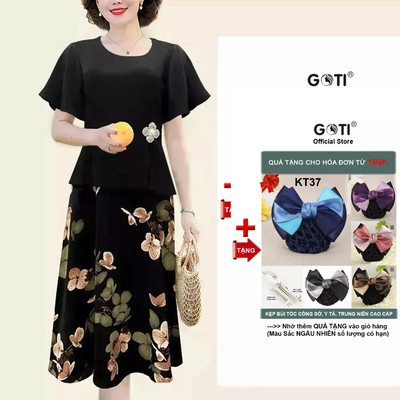 GOTI - Đầm Trung Niên Dáng Dài Kiểu Dự Tiệc Cao Cấp Vải Lụa Mềm Mịn Tay Ngắn Cho Mẹ U40 U50 3330