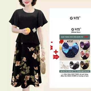 GOTI - Đầm Trung Niên Dáng Dài Kiểu Dự Tiệc Cao Cấp Vải Lụa Mềm Mịn Tay Ngắn Cho Mẹ U40 U50 3328 3330