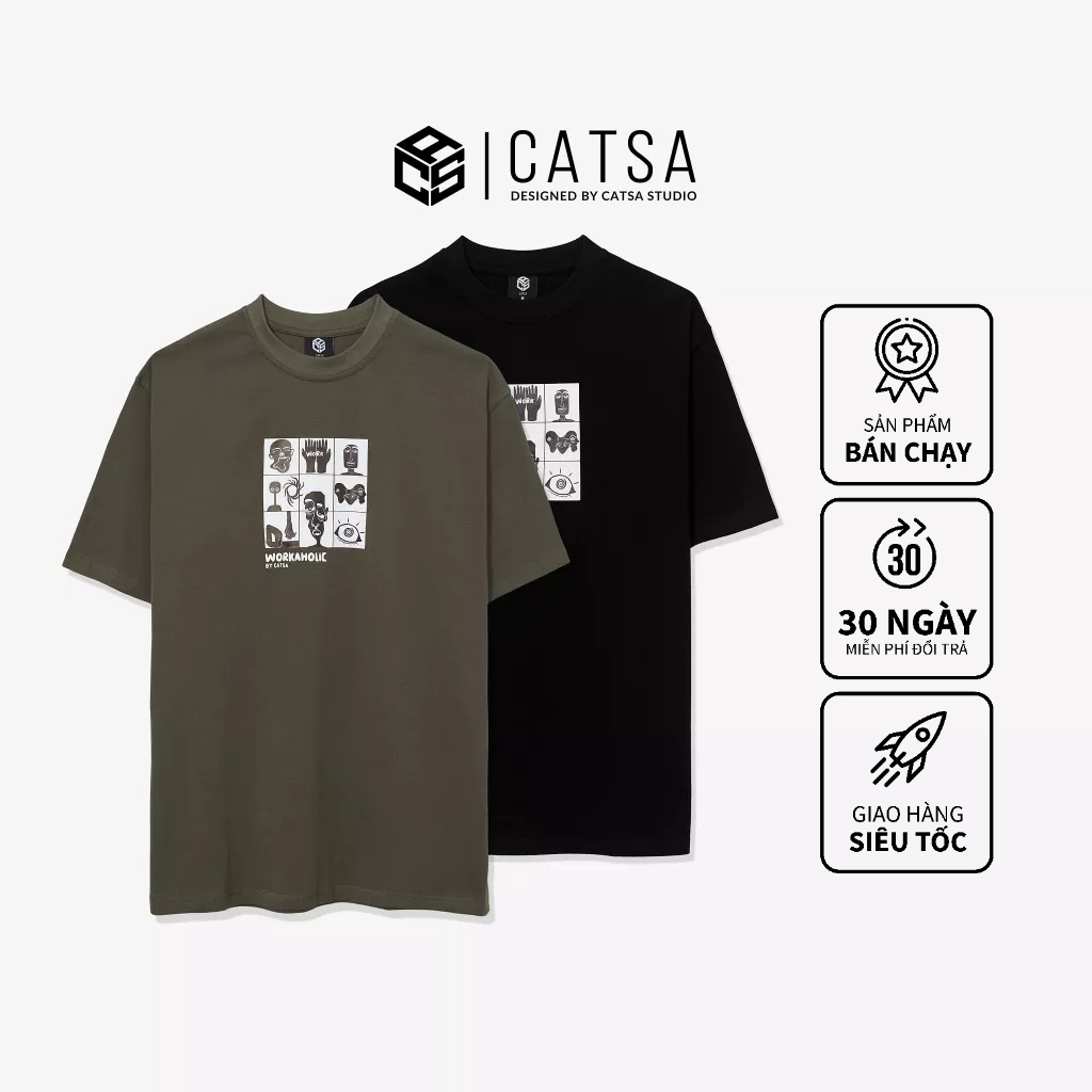 Áo thun tay ngắn Tee “Nghiện việc” in họa tiết CATSA chất liệu cotton single thấm hút mồ hôi ATN347-348