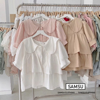 Áo sơ mi nữ cộc tay A.451, Áo kiểu dáng croptop cổ sen tay bồng nhẹ xếp tầng phong cách bánh bèo Samsu.clothing_saigon