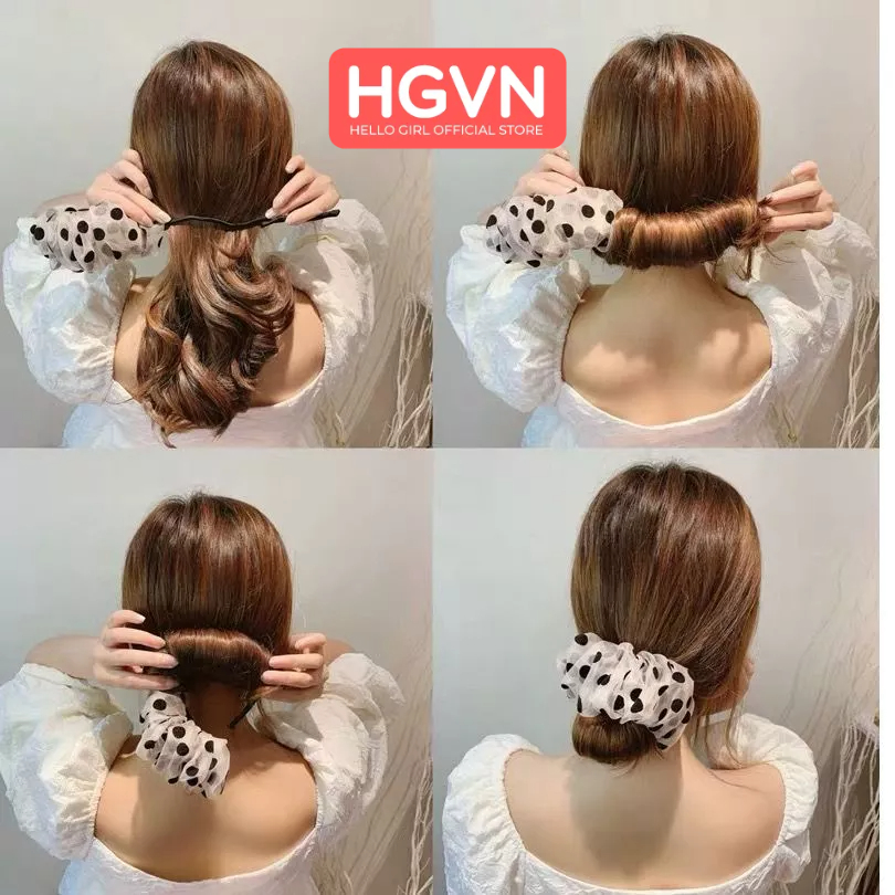 Búi Tóc Hàn Quốc HGVN Vải Voan Hoạ Tiết Chấm Bi Mẫu Mới Cho Bạn Nữ