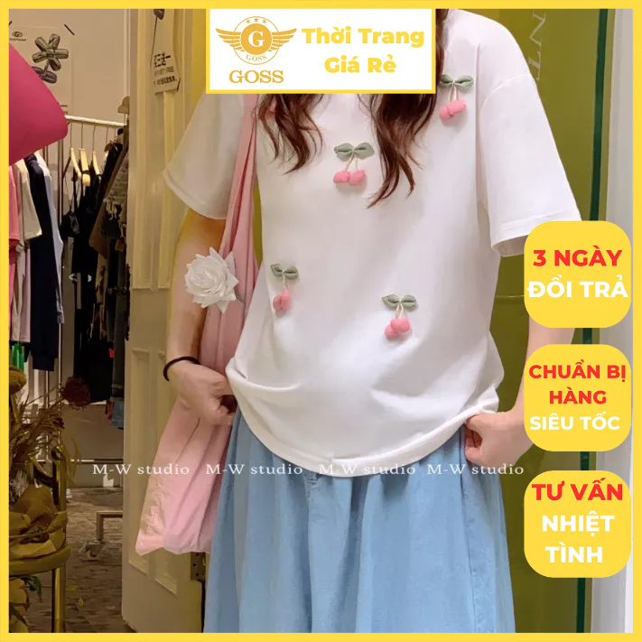 Áo Phông Thun Đính Cherry Phong Cách Hàn Quốc Đáng Yêu Cute GOSS GA119 Áo Phông Nữ Áo Mặc Đi Chơi Áo Mặc Ở Nhà 468