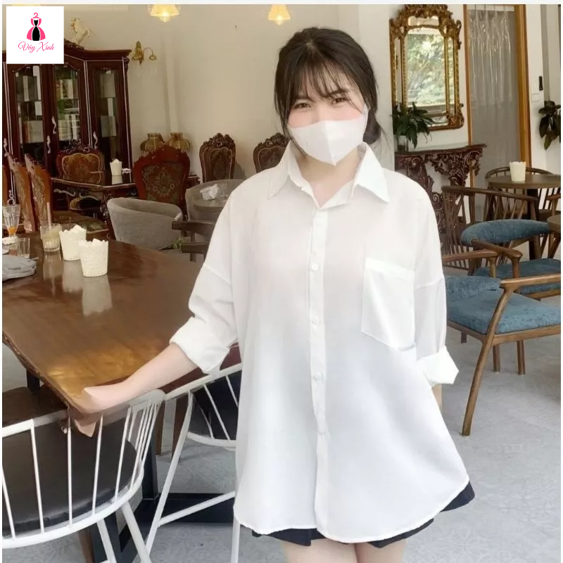 Áo sơ mi trắng nữ dài tay form rộng túi ngực . Áo sơ mi oversize