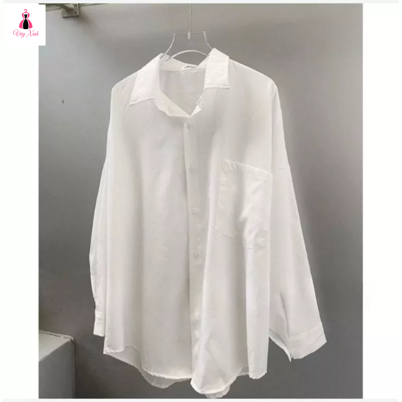 Áo sơ mi trắng nữ dài tay form rộng túi ngực . Áo sơ mi oversize