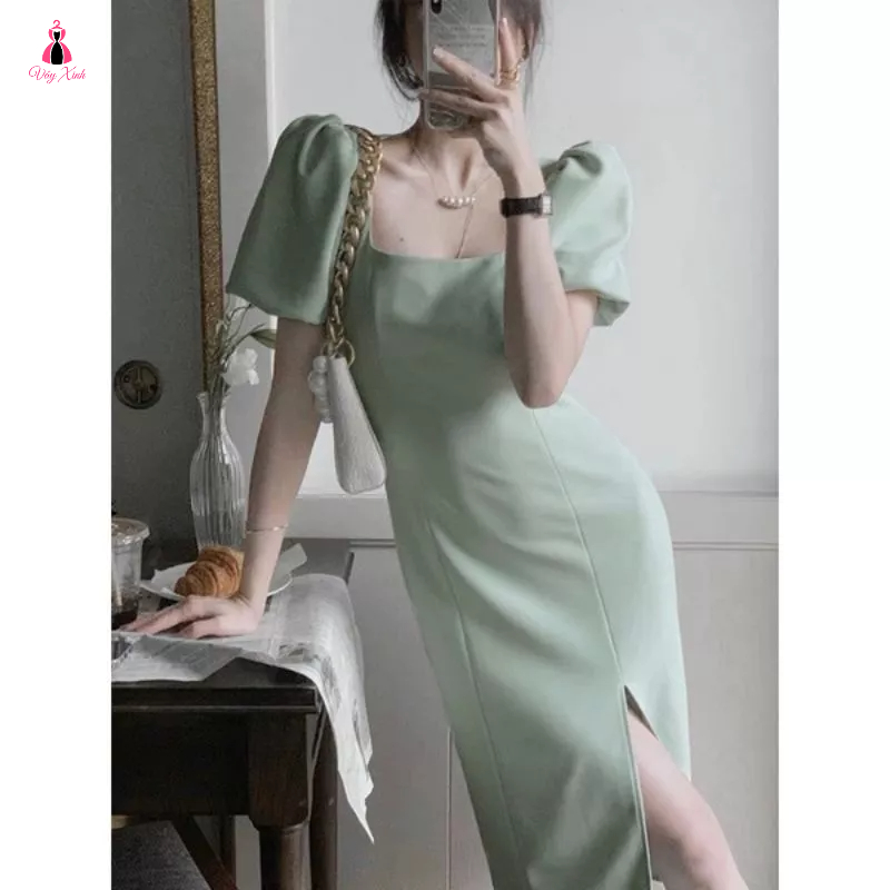 Váy đầm nữ midi cổ vuông tay bồng dáng dài xẻ tà đi chơi, đi tiệc (video, ảnh thật). Đầm tỷ tỷ douyi