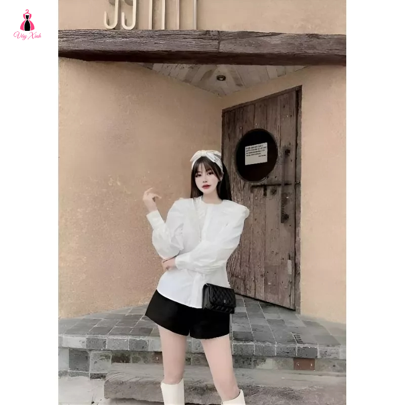 Áo sơ mi kiểu nữ. Áo sơ mi dài tay nữ cổ sen kép tay bo dáng suông