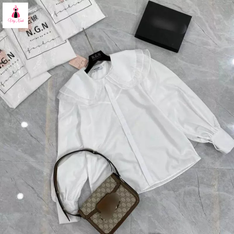 Áo sơ mi kiểu nữ. Áo sơ mi dài tay nữ cổ sen kép tay bo dáng suông