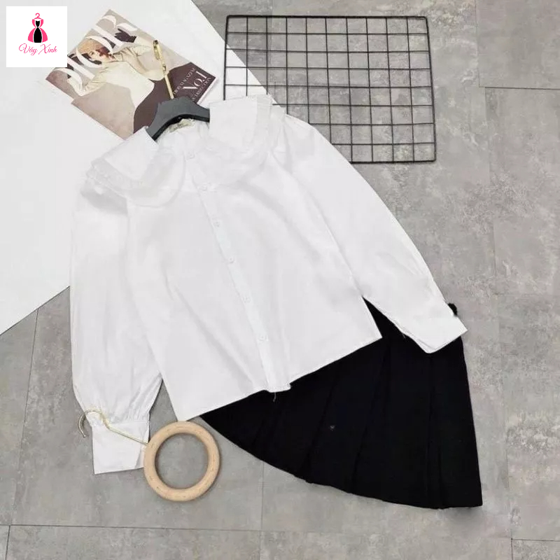 Áo sơ mi kiểu nữ. Áo sơ mi dài tay nữ cổ sen kép tay bo dáng suông