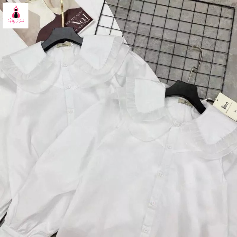 Áo sơ mi kiểu nữ. Áo sơ mi dài tay nữ cổ sen kép tay bo dáng suông