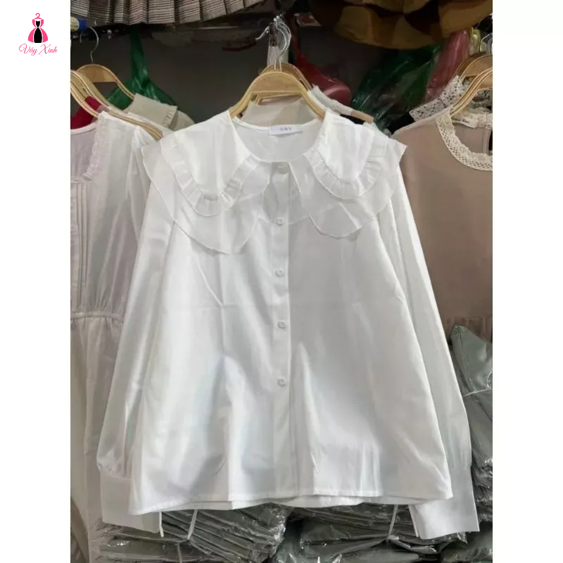 Áo sơ mi kiểu nữ. Áo sơ mi dài tay nữ cổ sen kép tay bo dáng suông