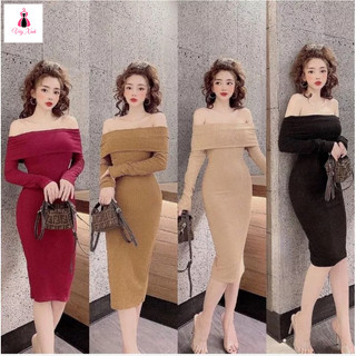 Đầm body dài tay dáng dài trễ vai dài tay chất thun gân đũa. Đầm body dự tiệc trễ vai