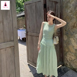  Váy maxi ba lỗ xanh matcha dáng dài bo chun ngực đi chơi đi biển. Douyin style 